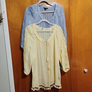 (2) Zac & Rachel BOHO Peasant Yellow and Blue Embroidered Blouses With Tassels